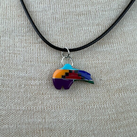 Jewelry - Stone Inlay Dolphin Fetish Pendant Necklace on NEW Black Cord 22"